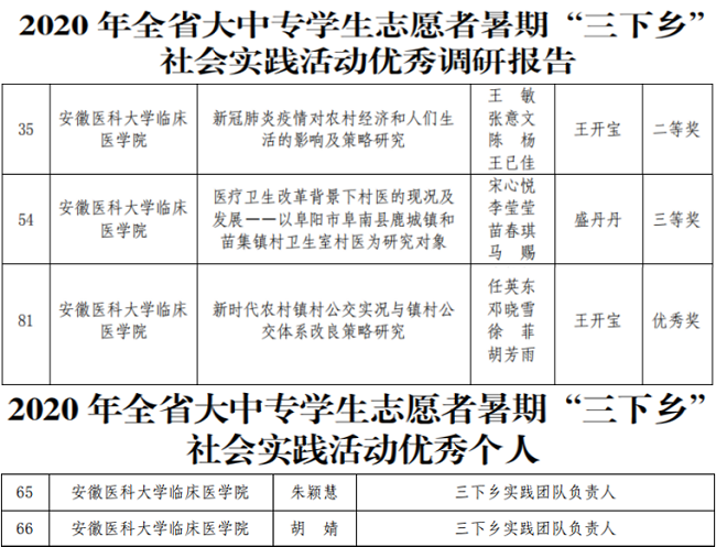 学院在年安徽省大中专学生志愿者暑期 三下乡 社会实践活动评选中喜获佳绩 学院要闻 安徽医科大学临床医学院